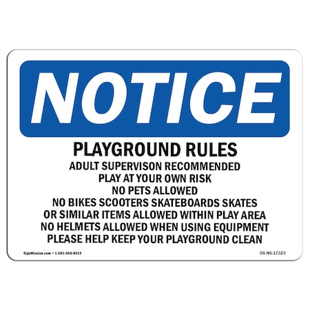 Signmission OSHA Sign, Playground Rules Adult Supervision Recommended, 18in X 12in, 12" W, 18" L, Landscape OS-NS-D-1218-L-17323